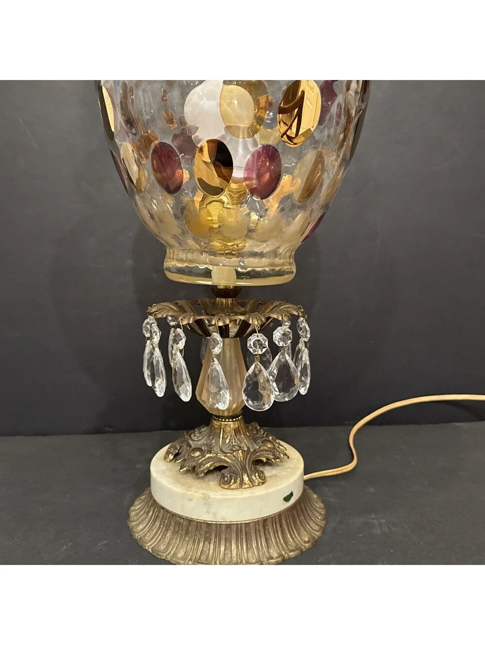 Vintage Hollywood Regency Bohemian Art Glass Marble Base Table Lamp 17.75” H